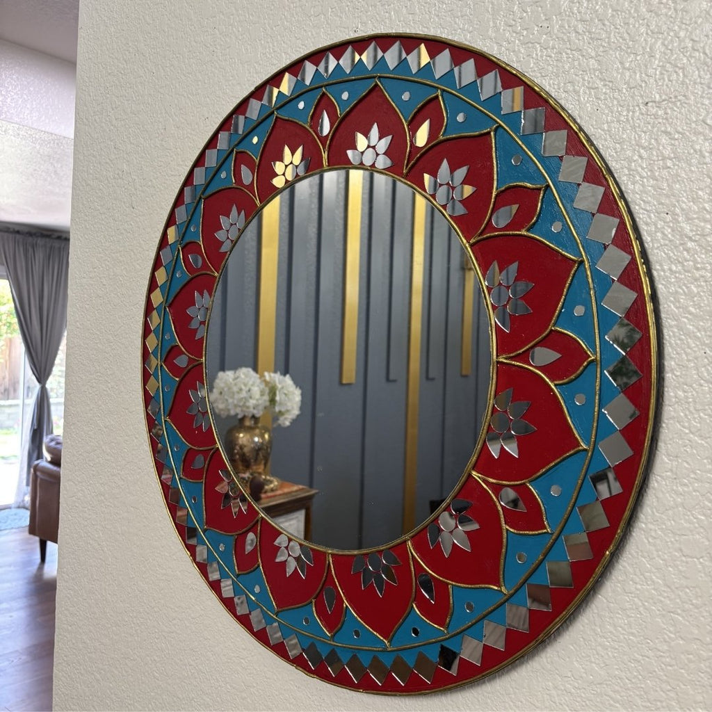 24-Inch Mandala Mirror Wall Art – Red & Teal Lotus
