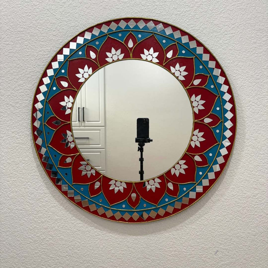 24-Inch Mandala Mirror Wall Art – Red & Teal Lotus