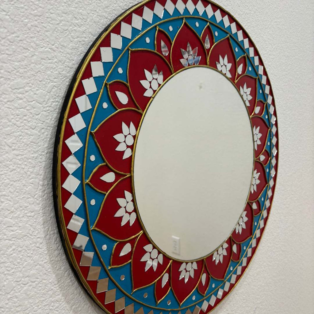 24-Inch Mandala Mirror Wall Art – Red & Teal Lotus