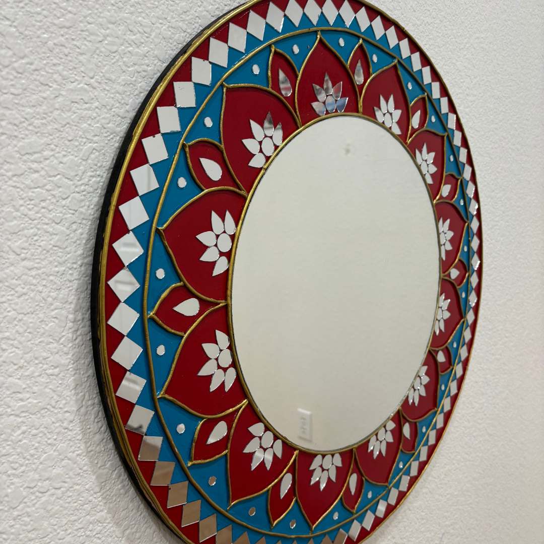 24-Inch Mandala Mirror Wall Art – Red & Teal Lotus