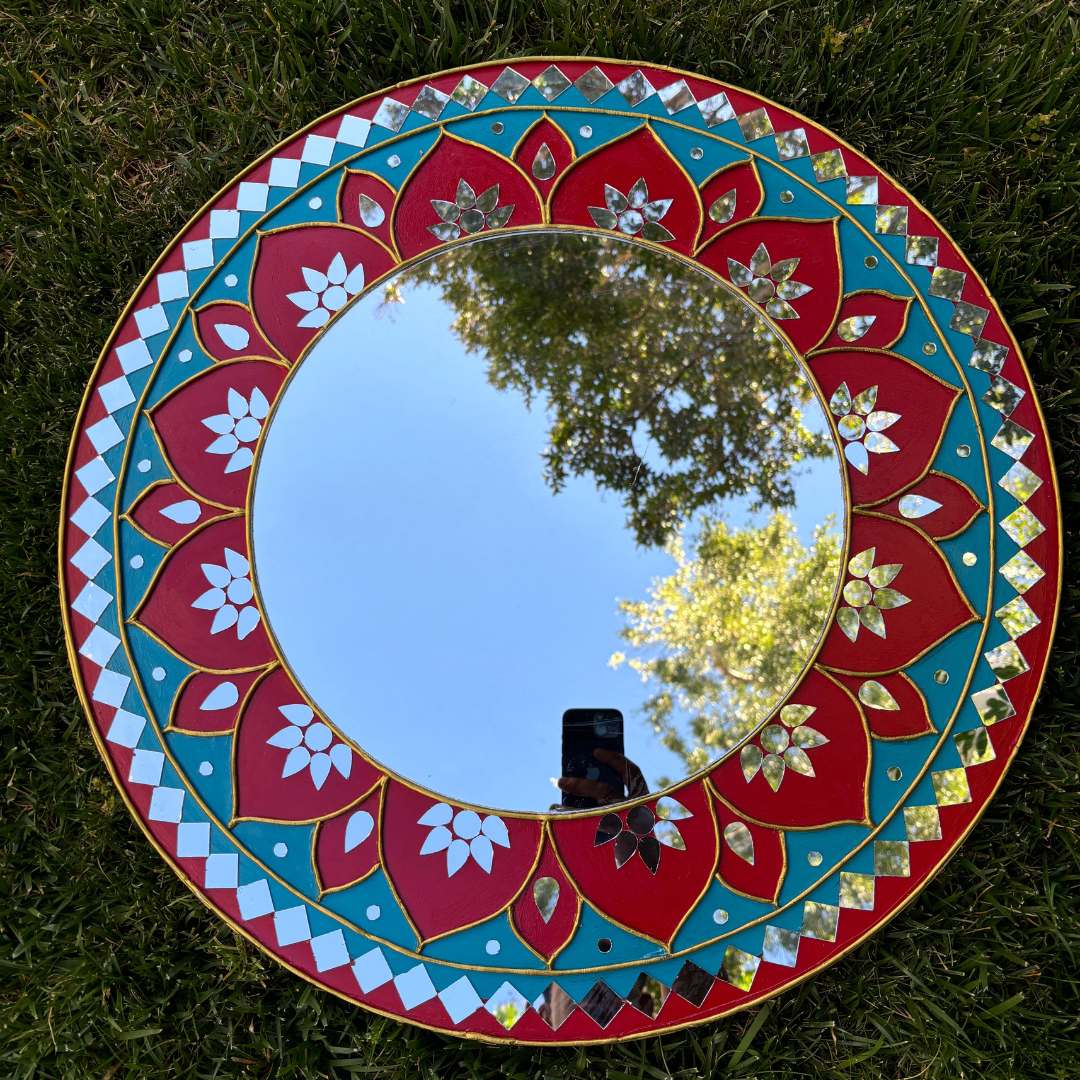 24-Inch Mandala Mirror Wall Art – Red & Teal Lotus