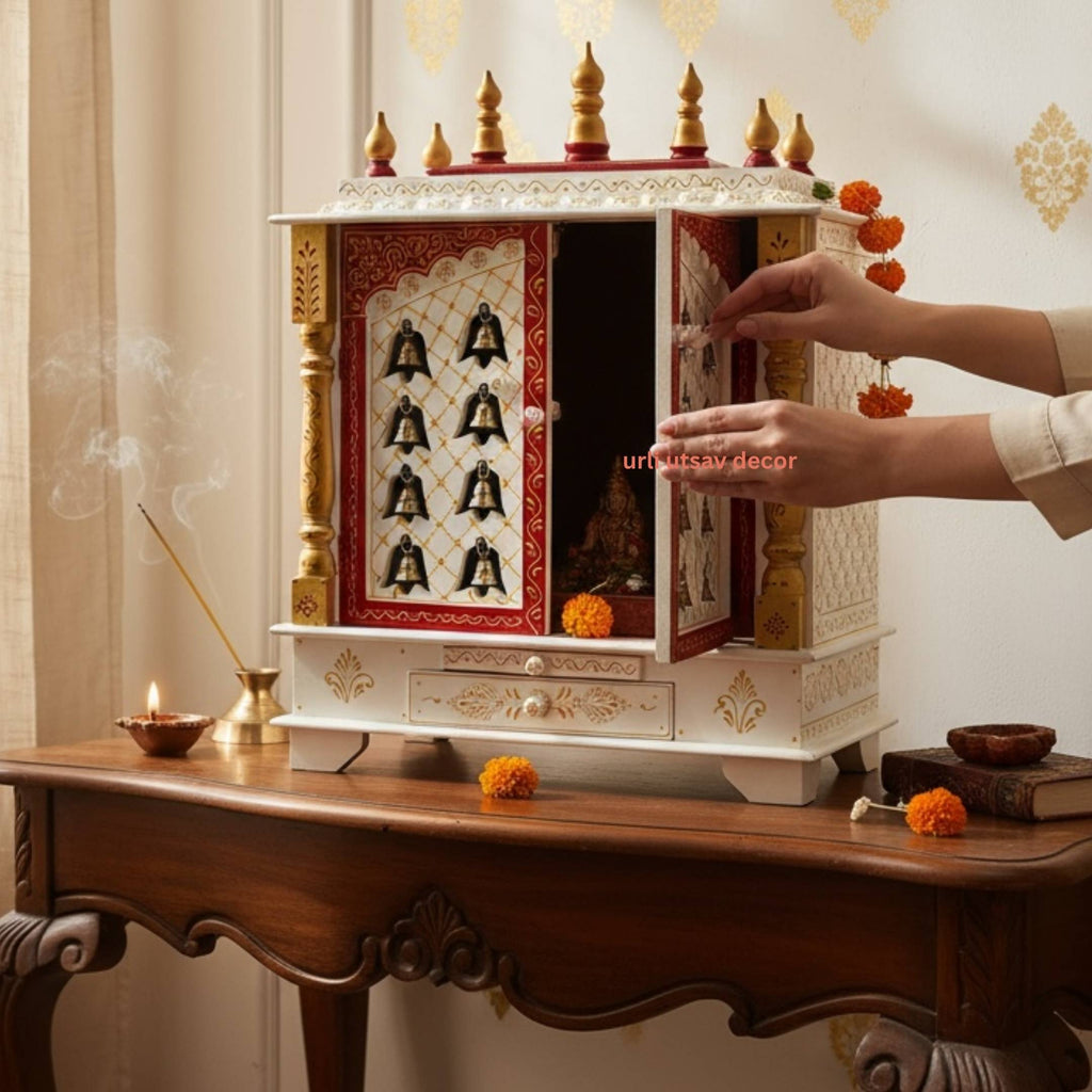 Red & White Pooja Mandir - 30-Inch Wooden Temple, Brass Bells