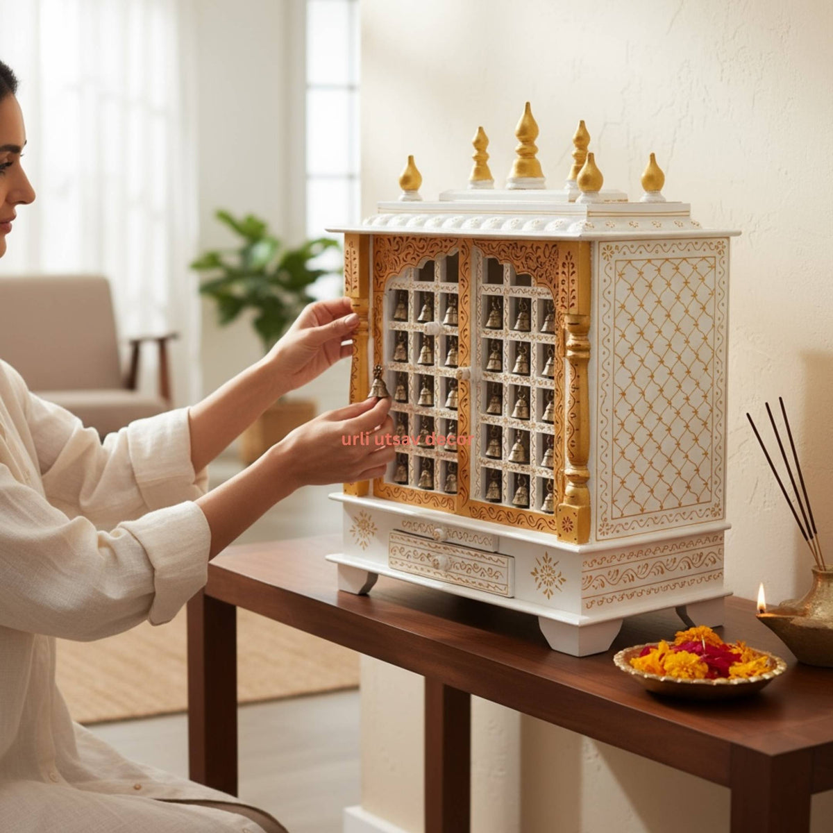 30-Inches White & Gold Wooden Pooja Mandir with Hanging Bells