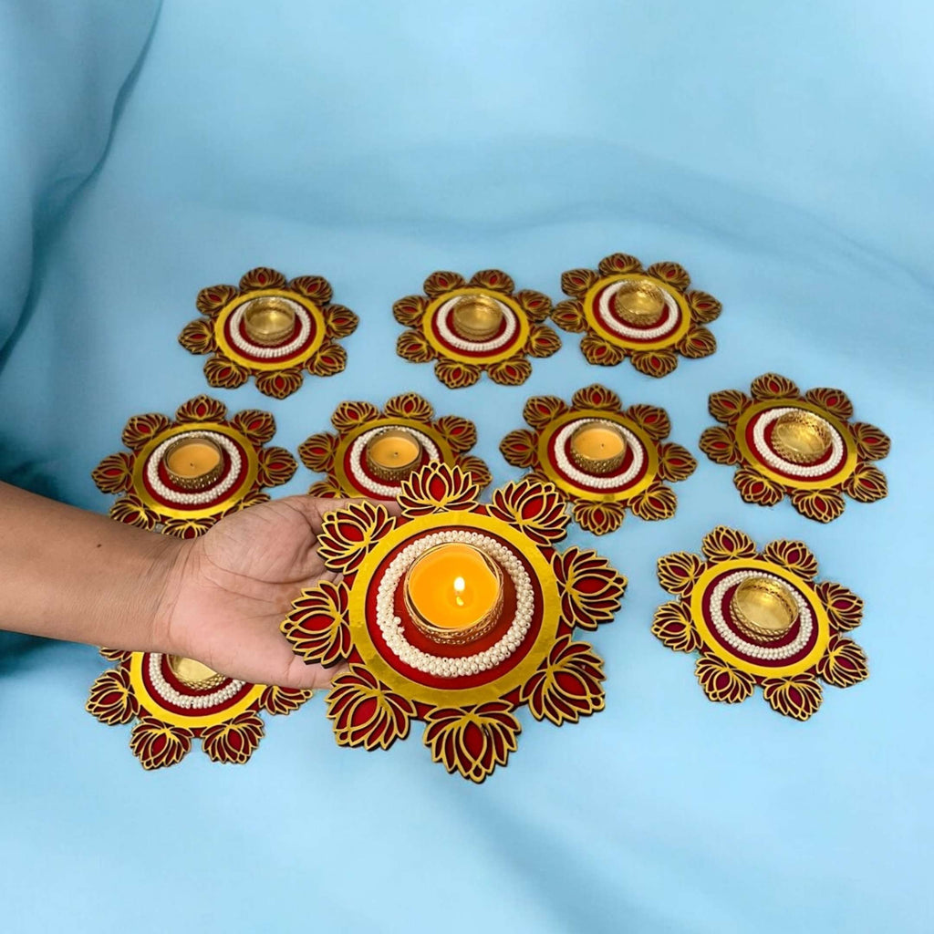 Lotus T-Light Holder Set of 10 - 6in Red or Pink Diwali Diyas