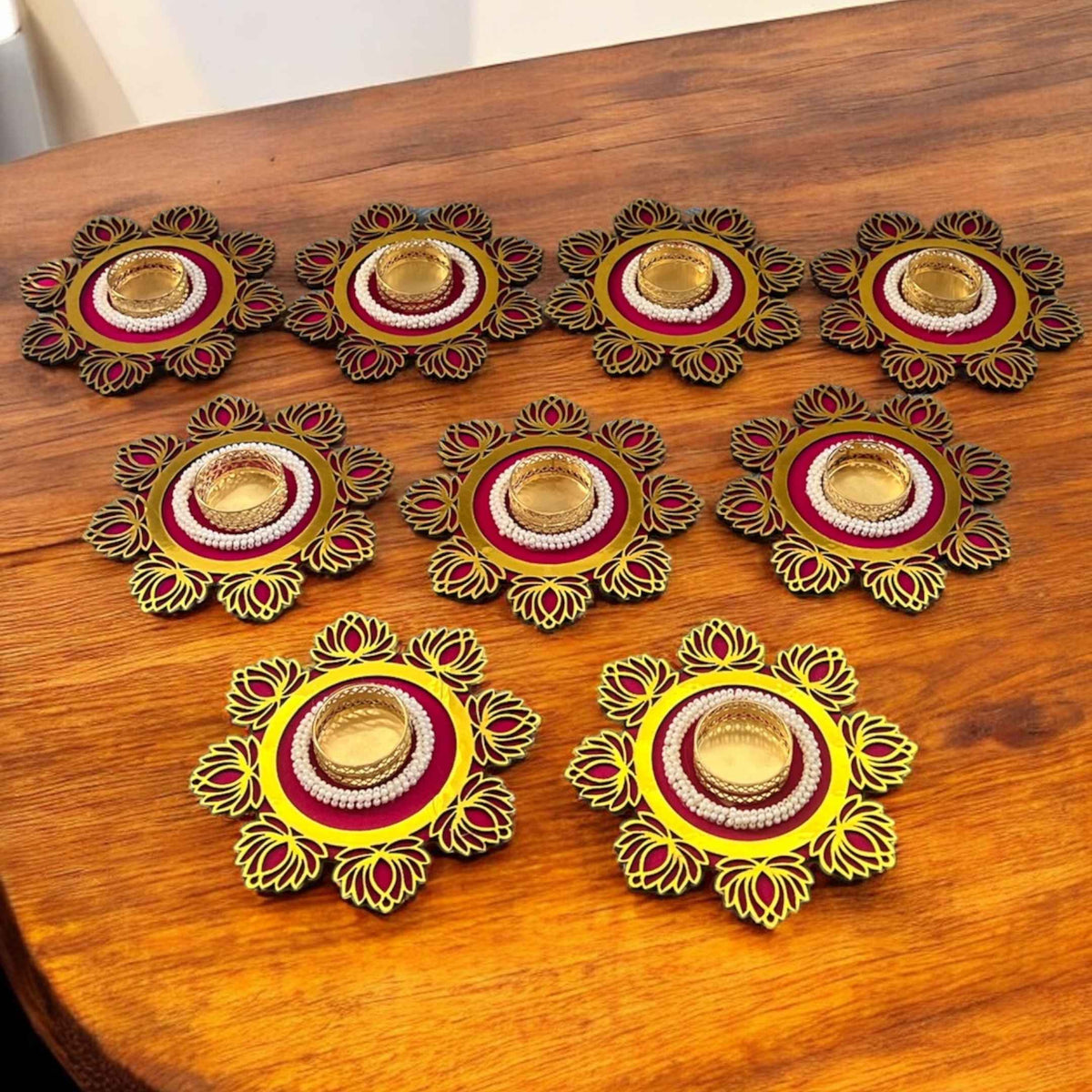 Lotus T-Light Holder Set of 10 - 6in Red or Pink Diwali Diyas