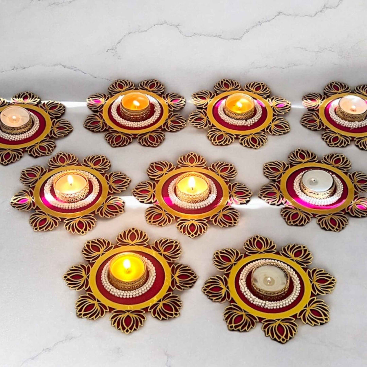 Lotus T-Light Holder Set of 10 - 6in Red or Pink Diwali Diyas