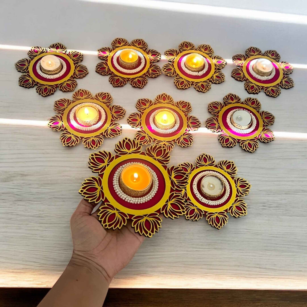 Lotus T-Light Holder Set of 10 - 6in Red or Pink Diwali Diyas