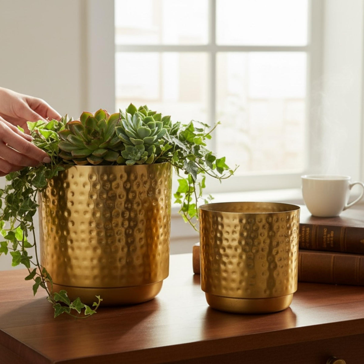 Hammered Gold Planters - Iron, Set of 2 (8 in & 7 in)