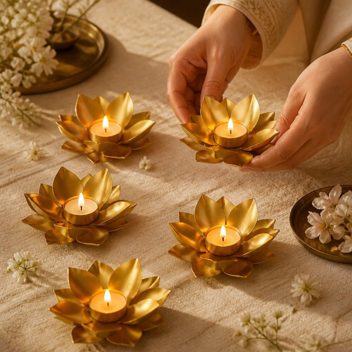 Gold Lotus T-Light Holder Set of 6 - 5in Metal Diwali Diyas