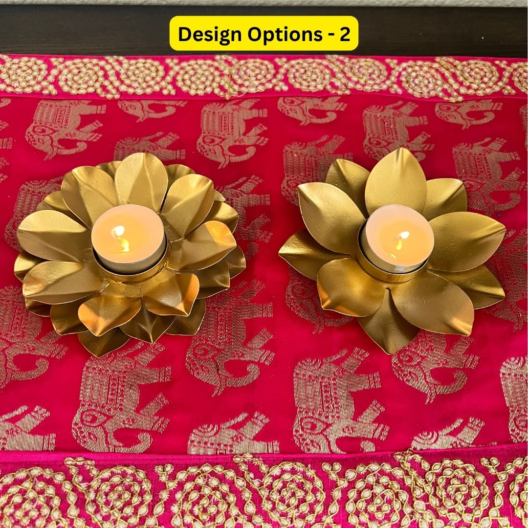 Gold Lotus T-Light Holder Set of 6 - 5in Metal Diwali Diyas