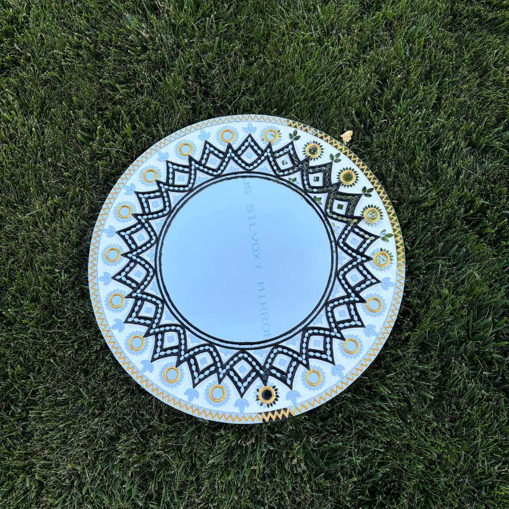 24-Inch Mandala Mirror Wall Art – Ivory & Black Geometric