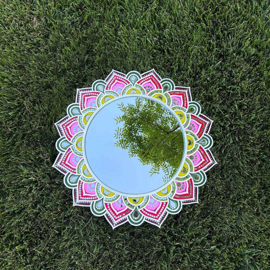 24-Inch Mandala Mirror Wall Art – Pink Sunburst, Scalloped