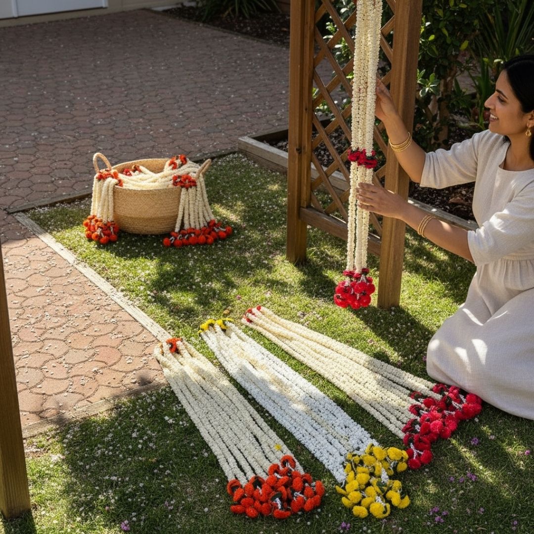 Mogra, Marigold and Leaf Garland Set of 10 - 5FT or 2FT