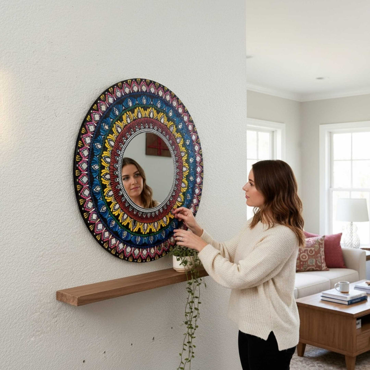 24-Inch Mandala Mirror Wall Art – Multicolour Lippan