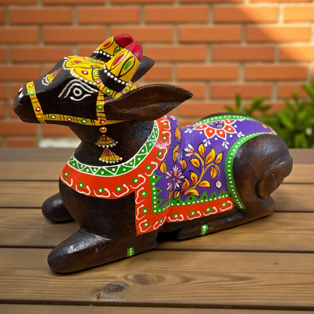 Wooden Nandi Statue - 9-Inch Hand-Carved, 10 Colours