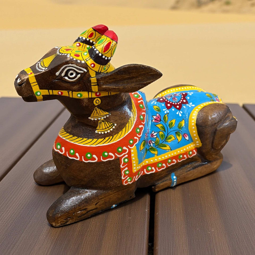 Wooden Nandi Statue - 9-Inch Hand-Carved, 10 Colours