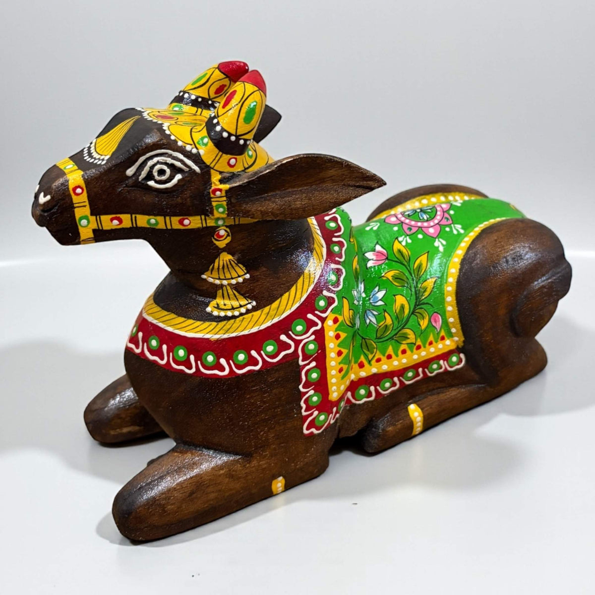 Wooden Nandi Statue - 9-Inch Hand-Carved, 10 Colours