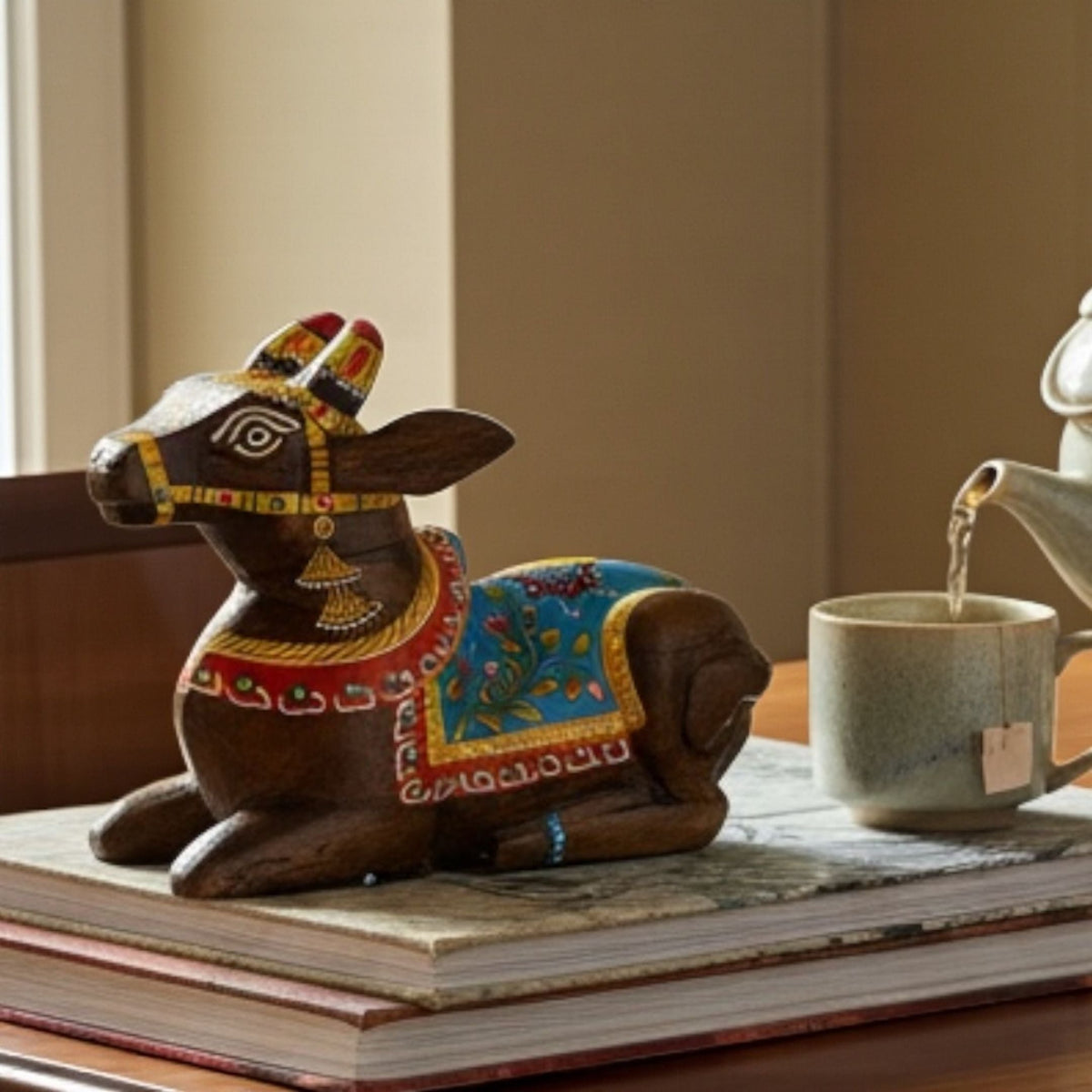 Wooden Nandi Statue - 9-Inch Hand-Carved, 10 Colours