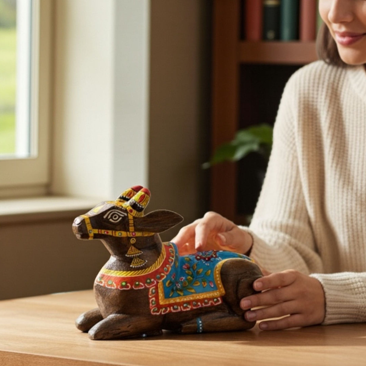 Wooden Nandi Statue - 9-Inch Hand-Carved, 10 Colours