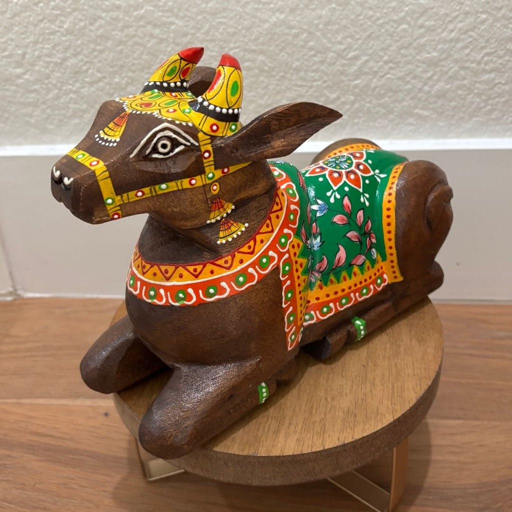 Wooden Nandi Statue - 9-Inch Hand-Carved, 10 Colours