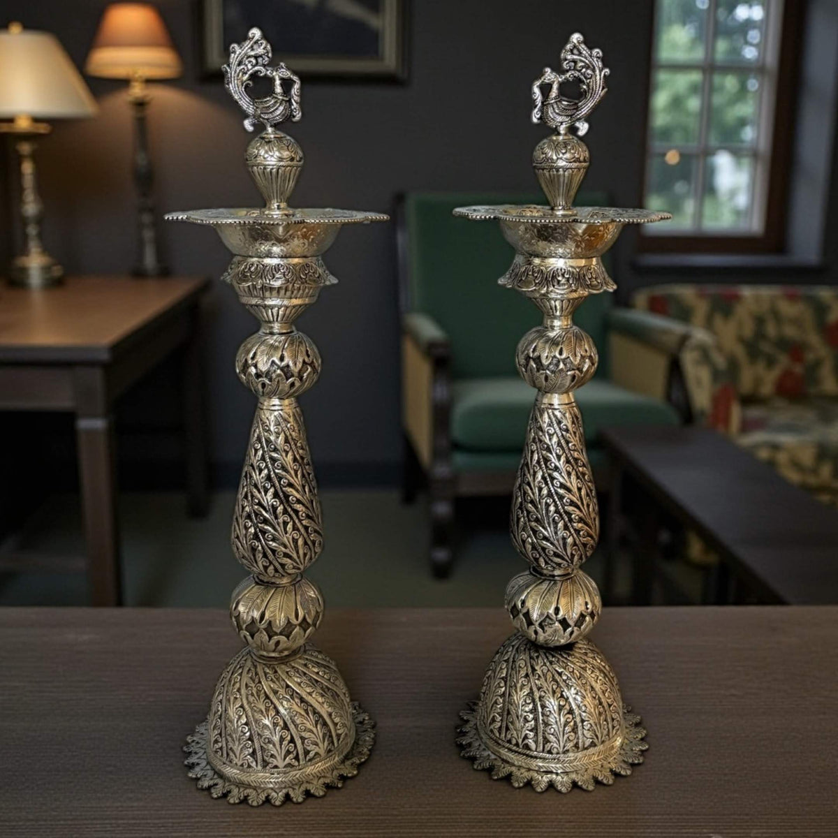 28-Inch Peacock Nilavilakku Oil Lamp (Pair)