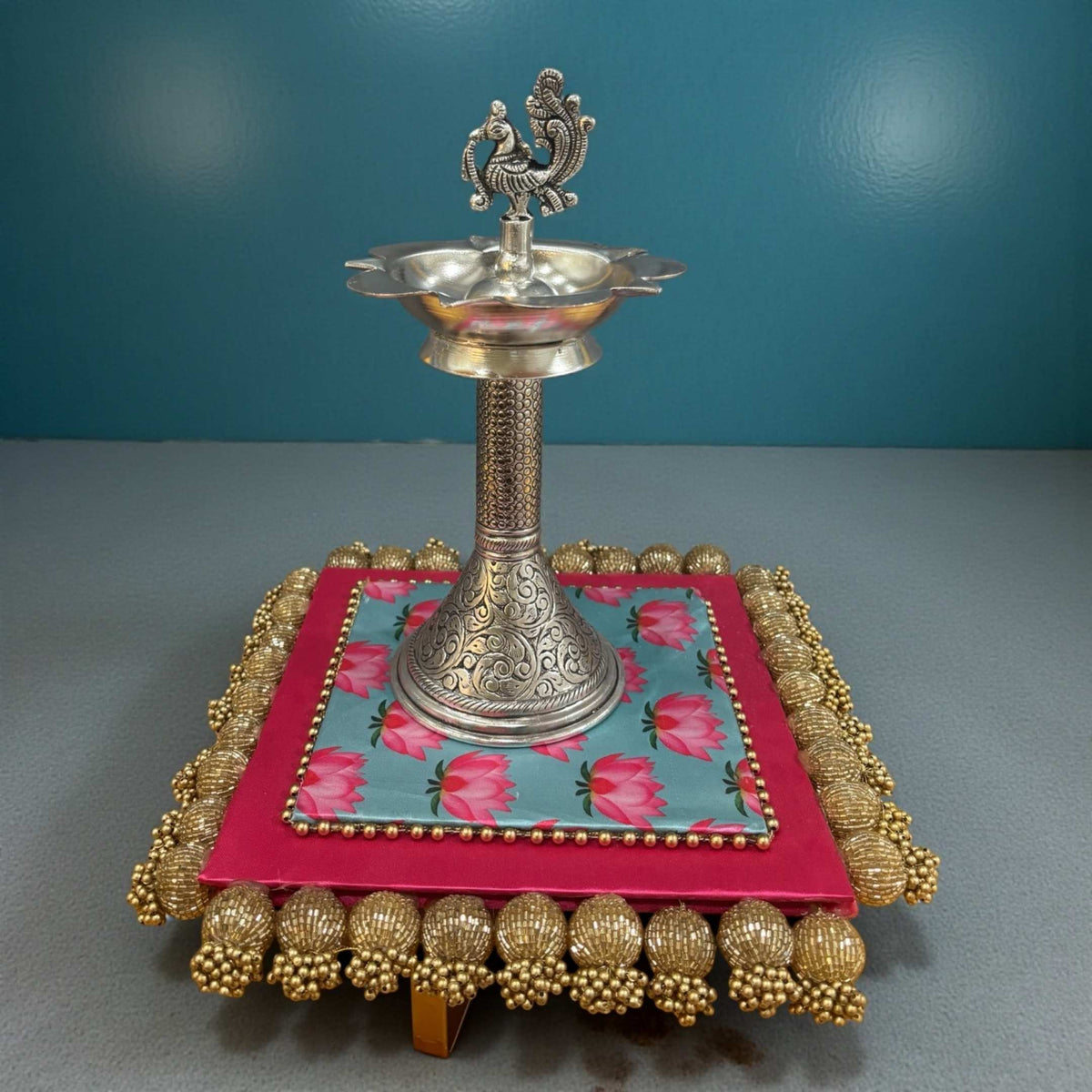 11-Inch Peacock Design Samai Oil Lamps (Pair)
