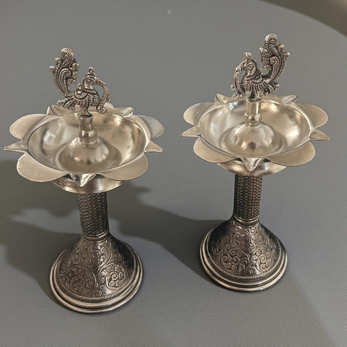 11-Inch Peacock Design Samai Oil Lamps (Pair)