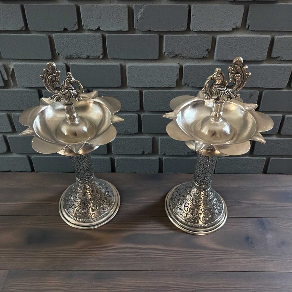 11-Inch Peacock Design Samai Oil Lamps (Pair)