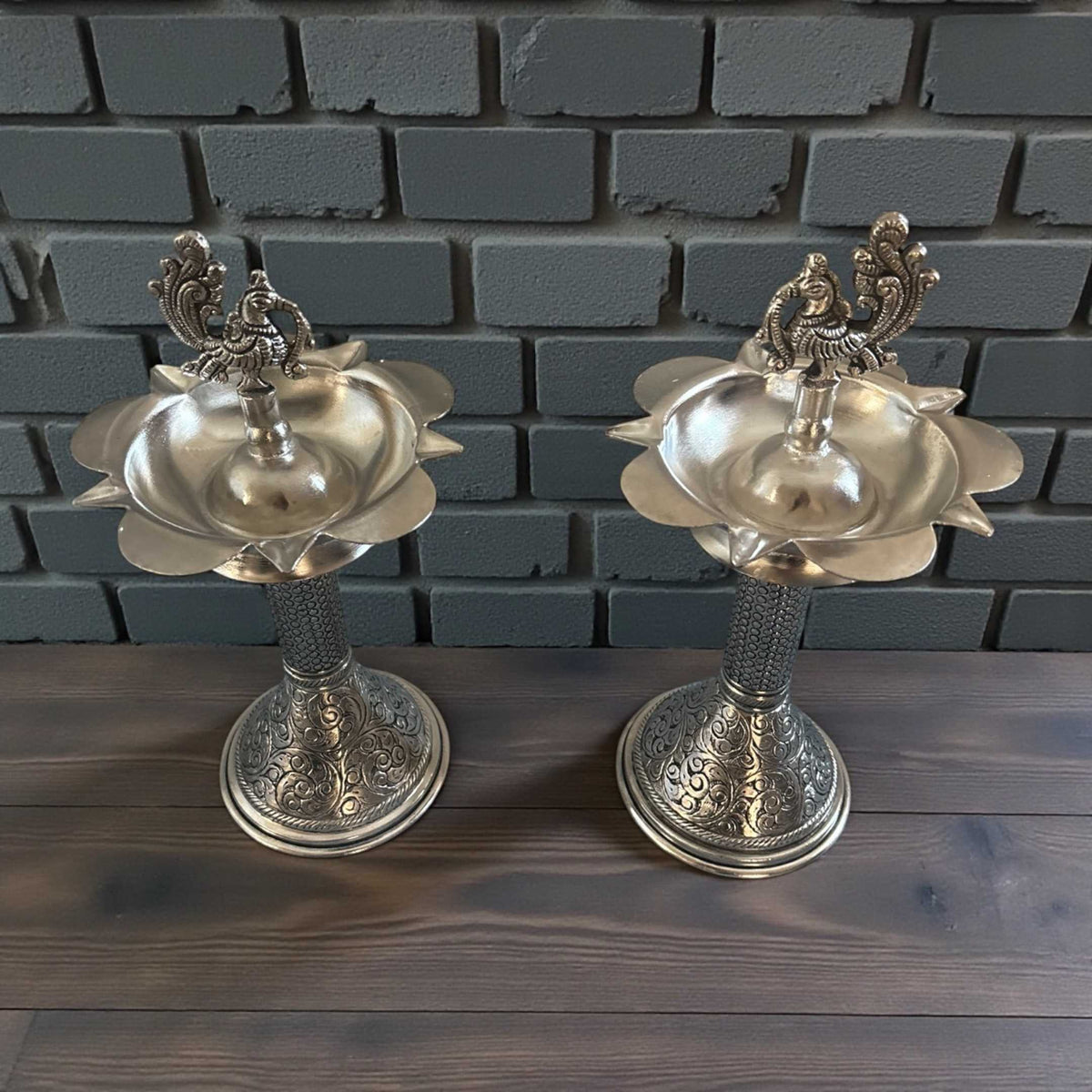 11-Inch Peacock Design Samai Oil Lamps (Pair)