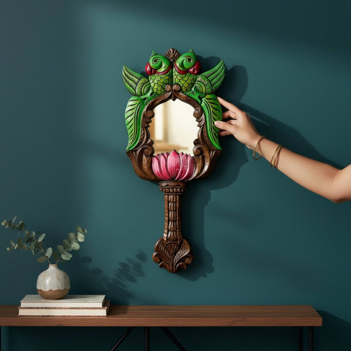 Carved Wooden Mirror - Green Parrots & Pink Lotus, 18-Inch