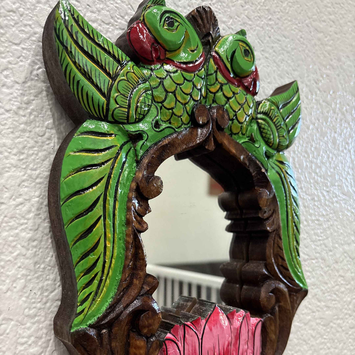 Carved Wooden Mirror - Green Parrots & Pink Lotus, 18-Inch