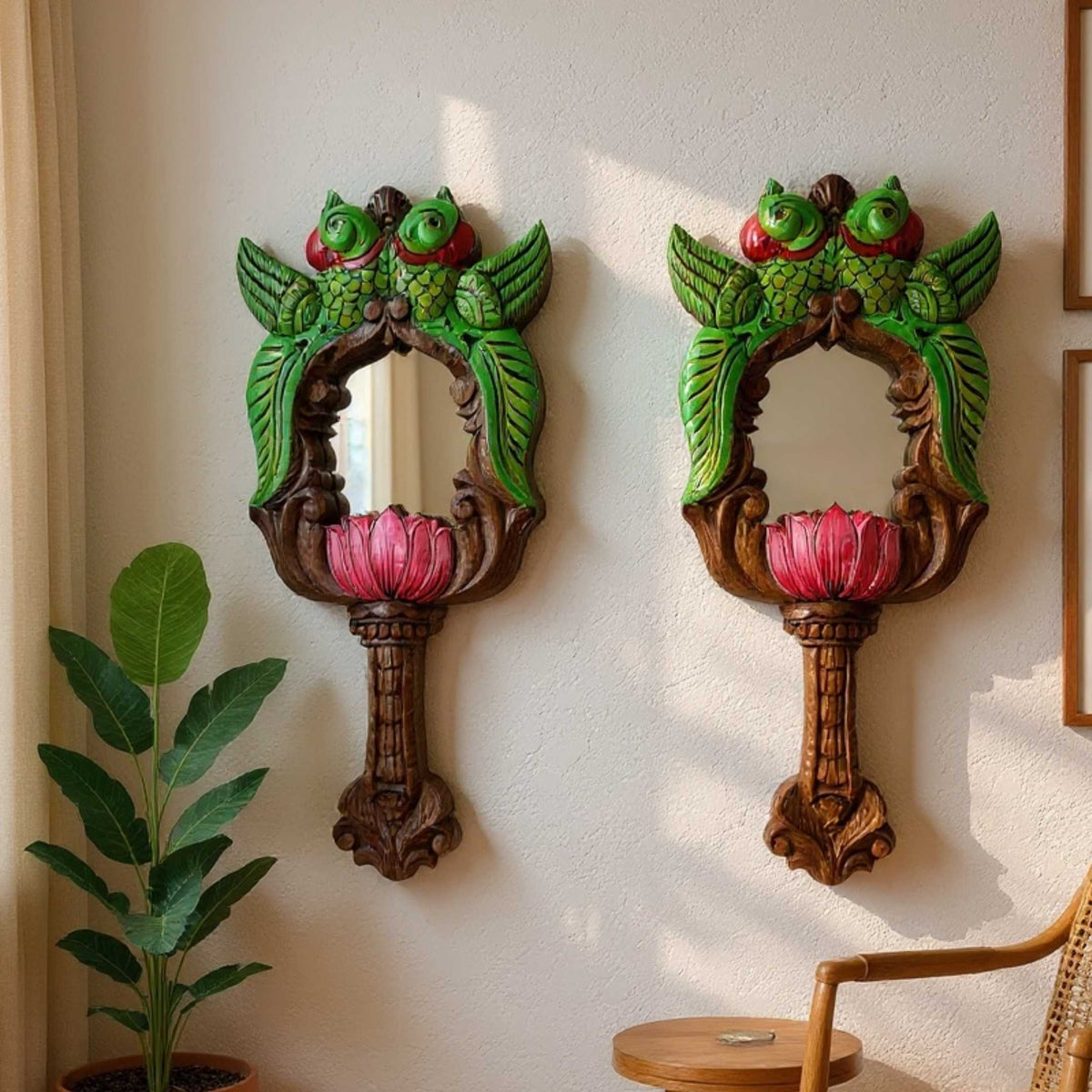 Carved Wooden Mirror - Green Parrots & Pink Lotus, 18-Inch