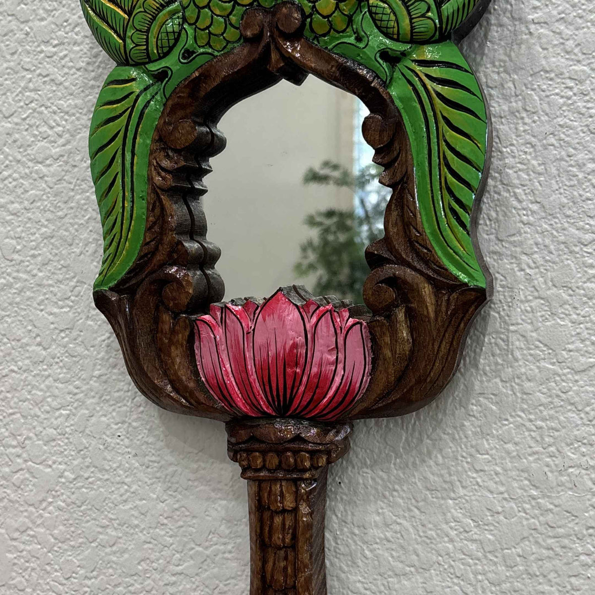 Carved Wooden Mirror - Green Parrots & Pink Lotus, 18-Inch