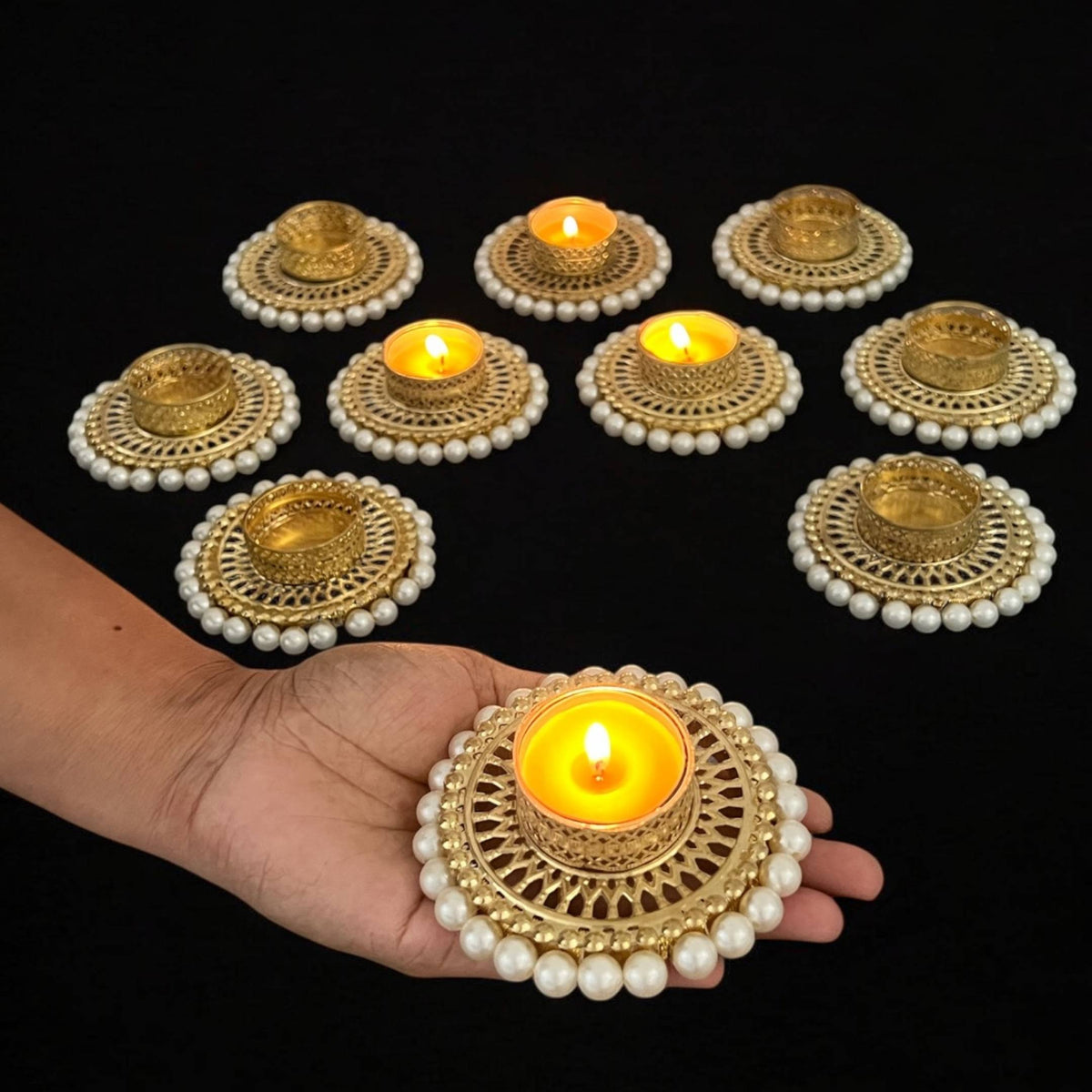 Gold Pearl Jali T-Light Holder Set of 10 - 4in Metal Diyas