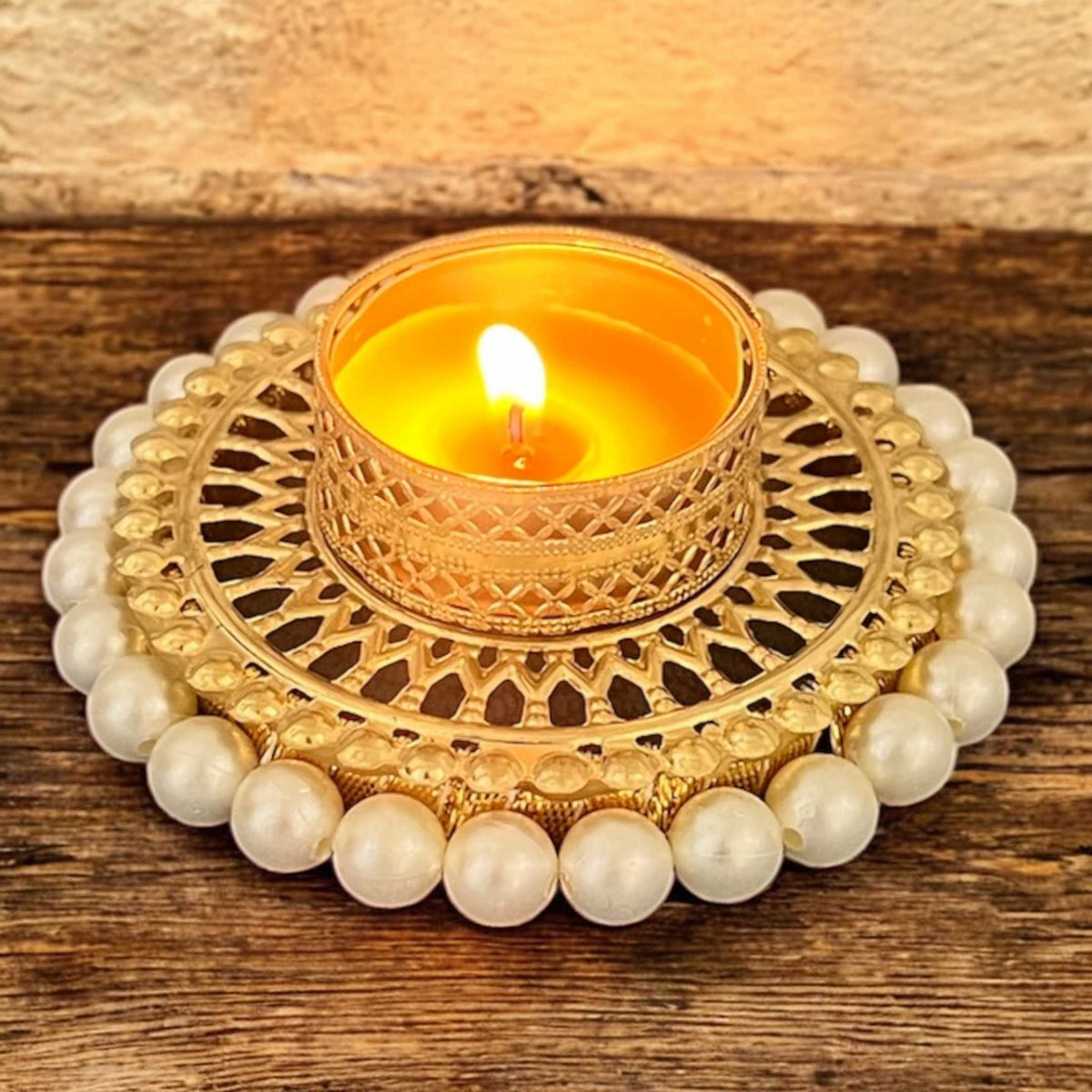 Gold Pearl Jali T-Light Holder Set of 10 - 4in Metal Diyas
