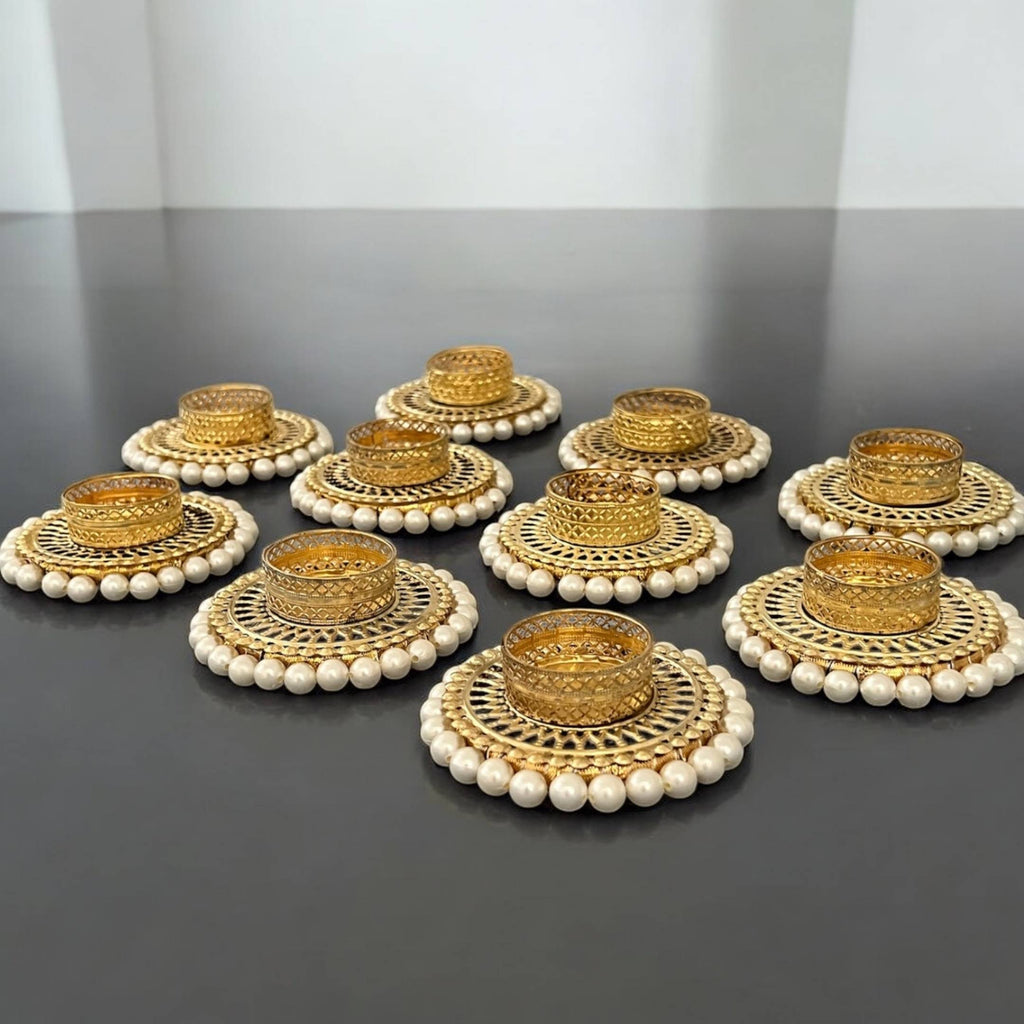 Gold Pearl Jali T-Light Holder Set of 10 - 4in Metal Diyas