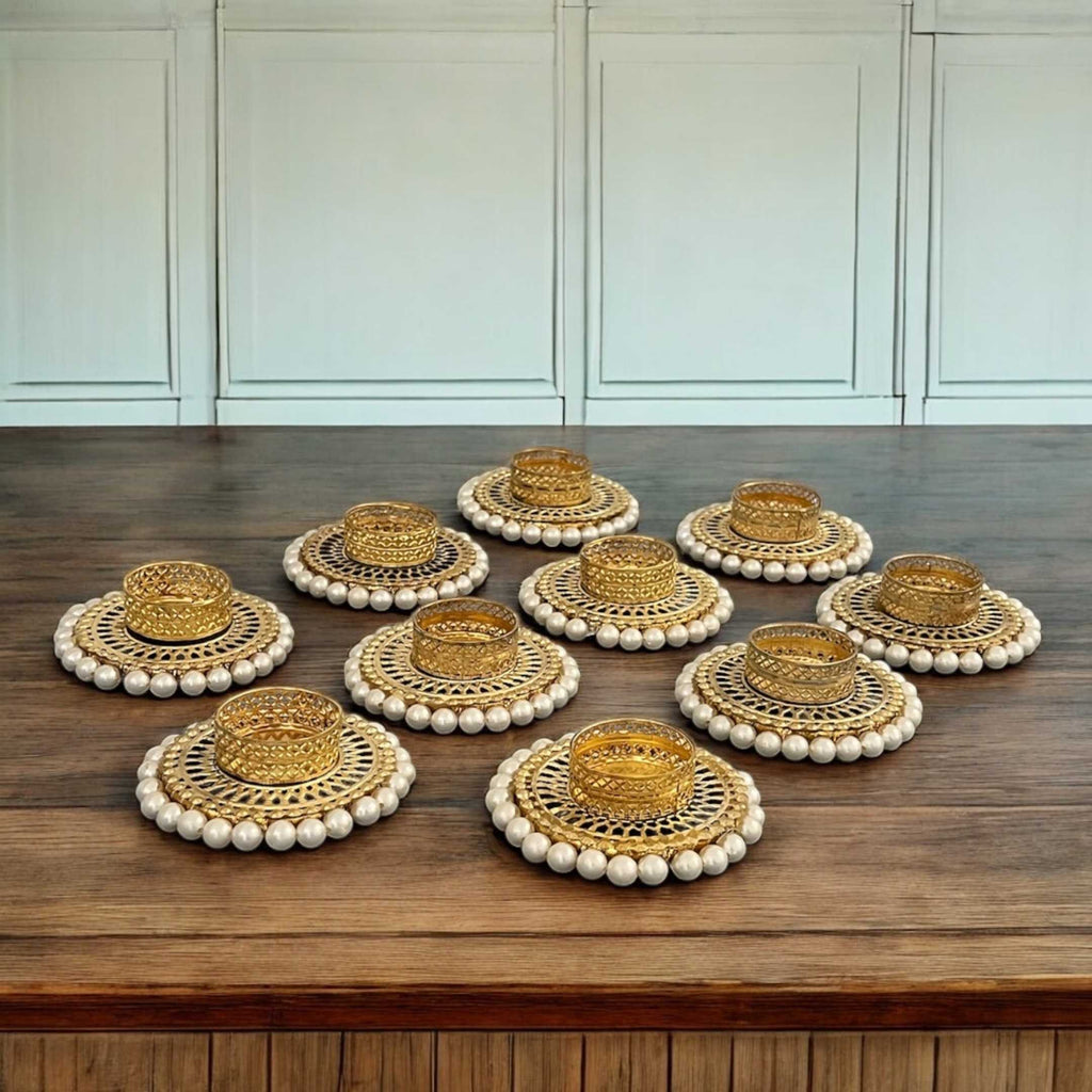 Gold Pearl Jali T-Light Holder Set of 10 - 4in Metal Diyas