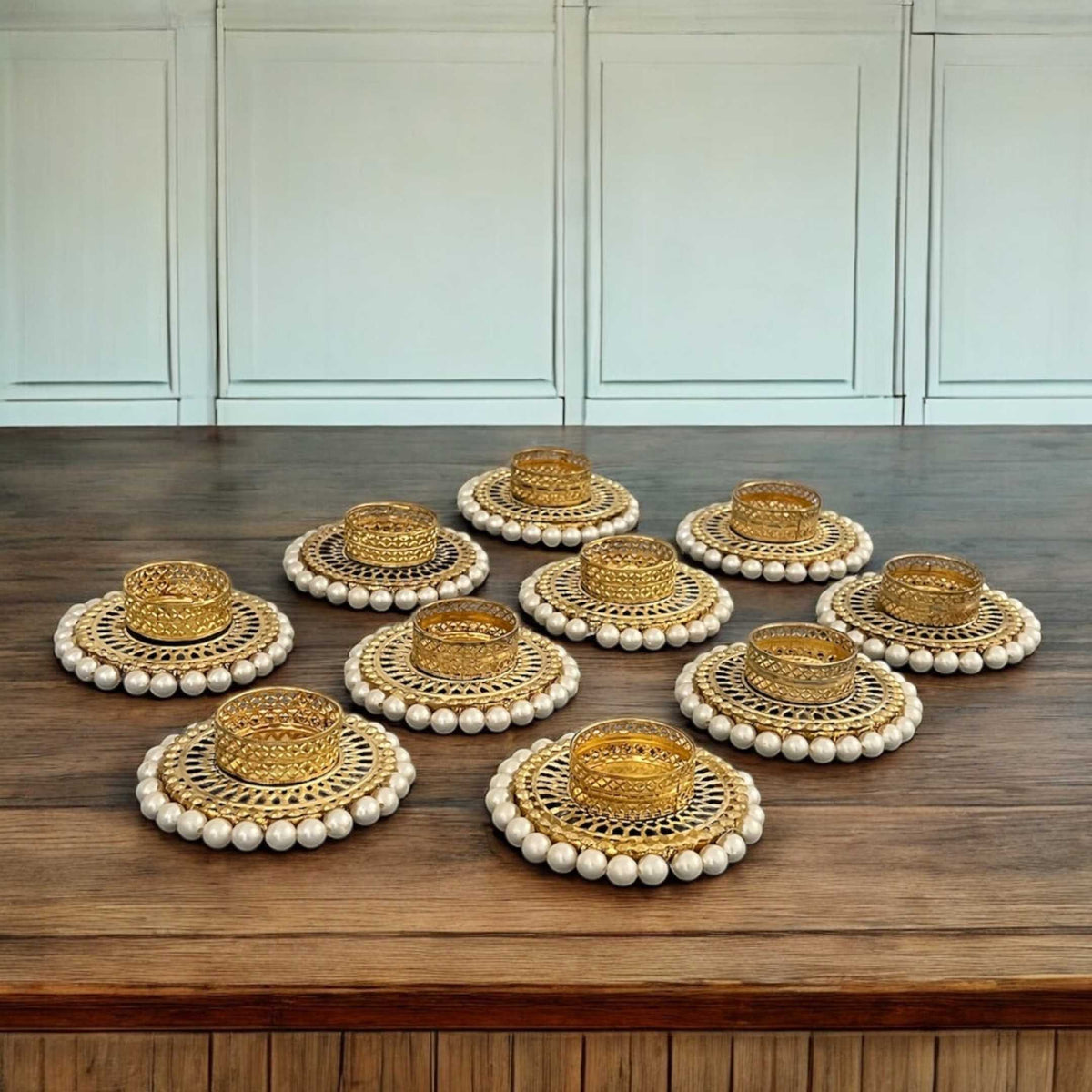 Gold Pearl Jali T-Light Holder Set of 10 - 4in Metal Diyas