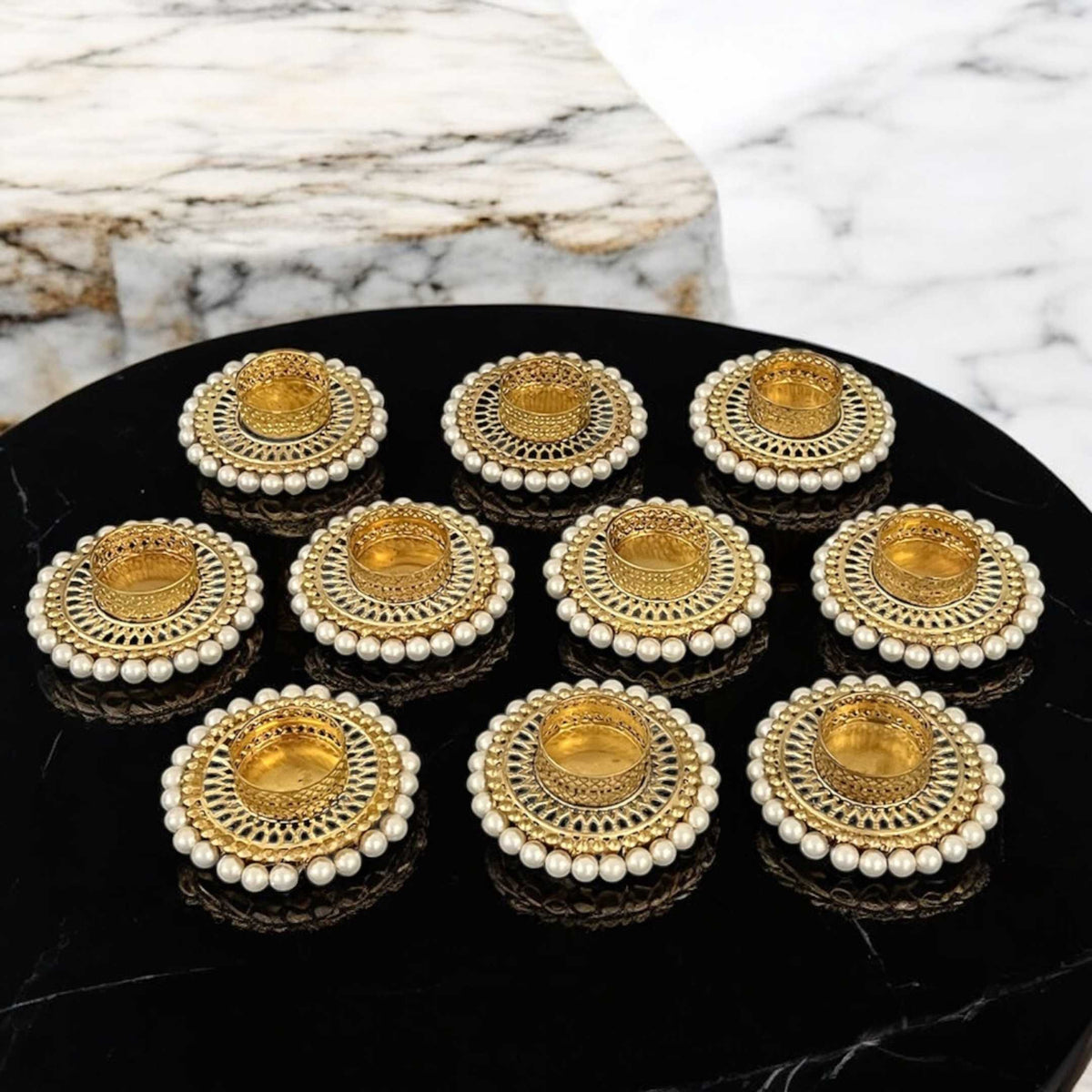 Gold Pearl Jali T-Light Holder Set of 10 - 4in Metal Diyas