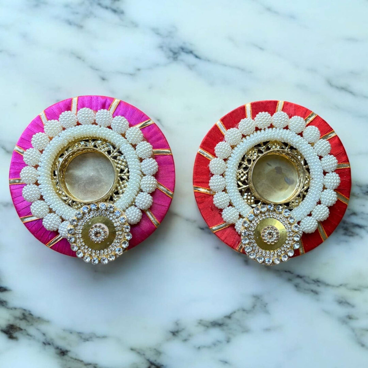 Pearl Beaded T-Light Holders Set of 6 - Red or Pink Velvet