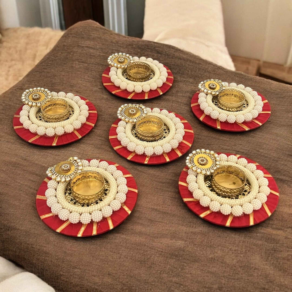 Pearl Beaded T-Light Holders Set of 6 - Red or Pink Velvet