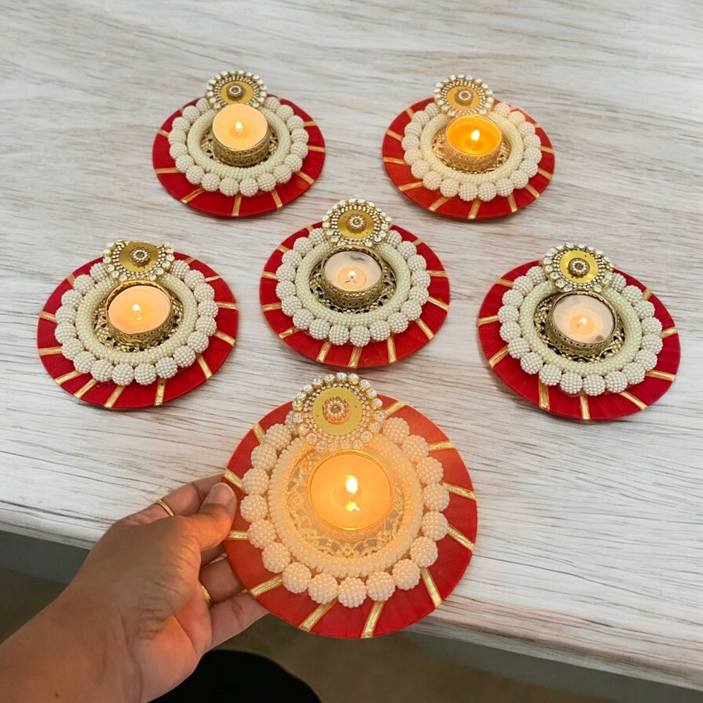 Pearl Beaded T-Light Holders Set of 6 - Red or Pink Velvet