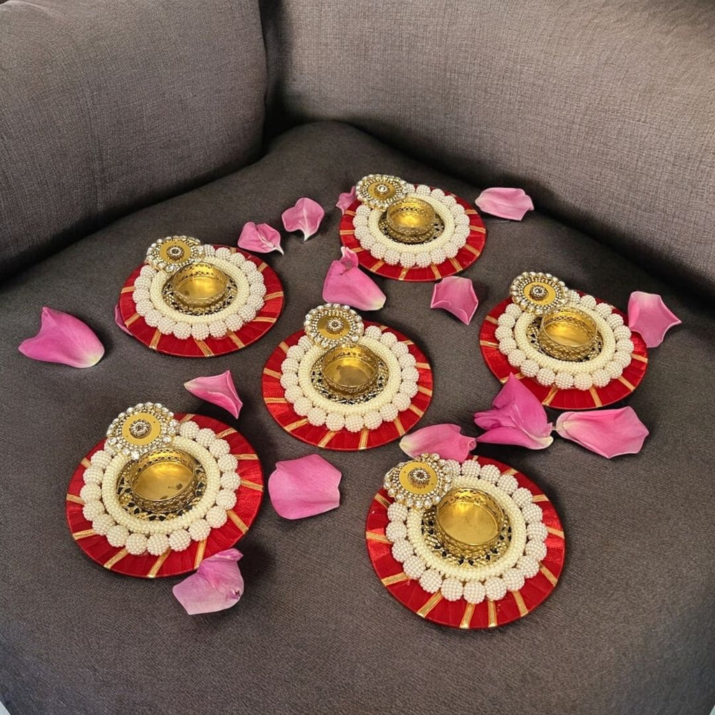 Pearl Beaded T-Light Holders Set of 6 - Red or Pink Velvet