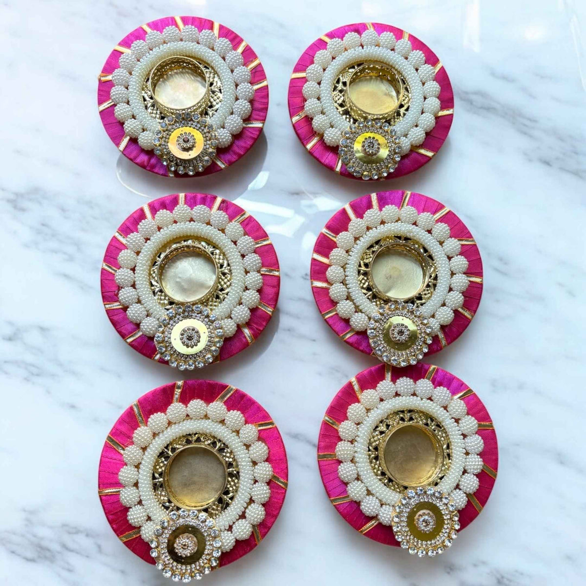 Pearl Beaded T-Light Holders Set of 6 - Red or Pink Velvet