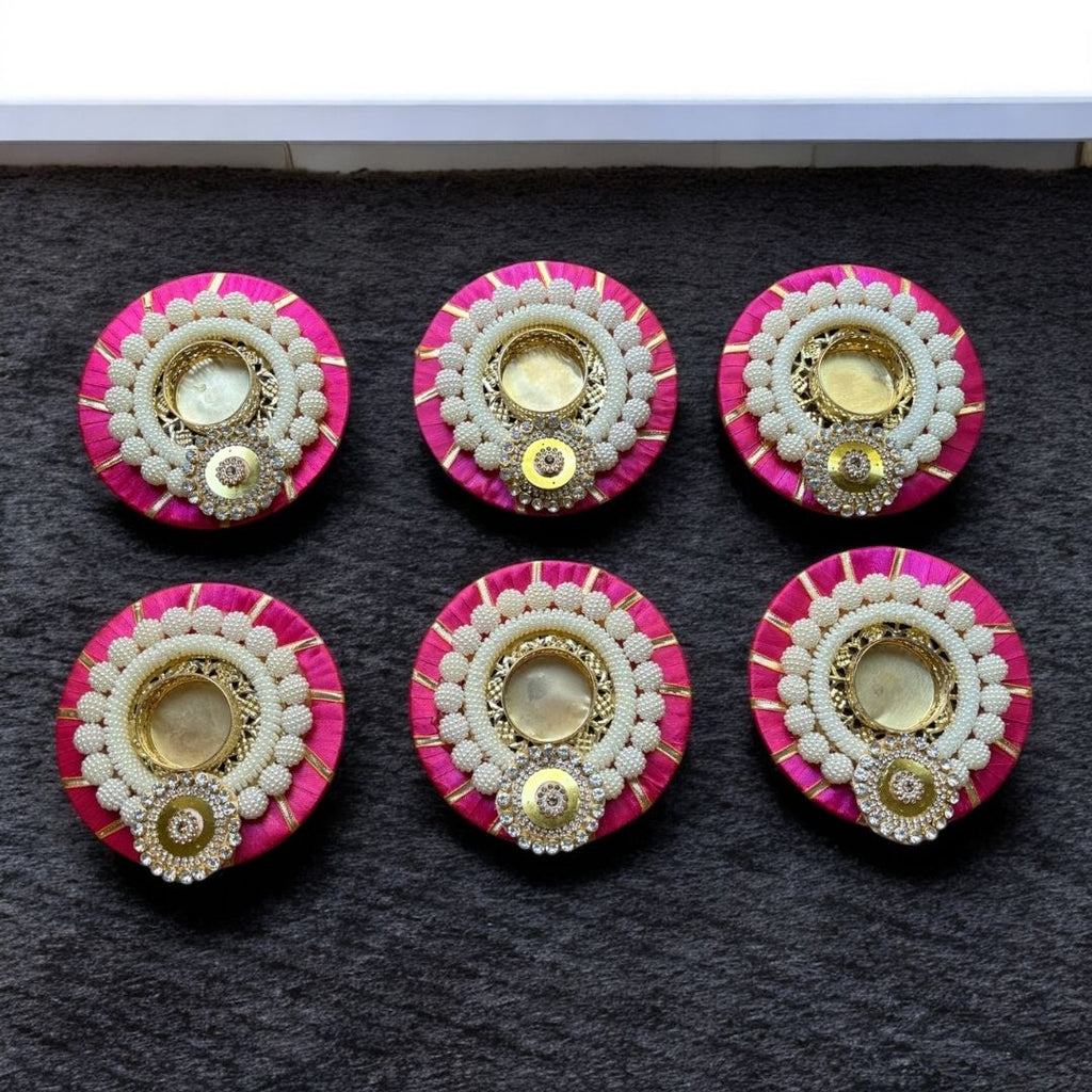 Pearl Beaded T-Light Holders Set of 6 - Red or Pink Velvet