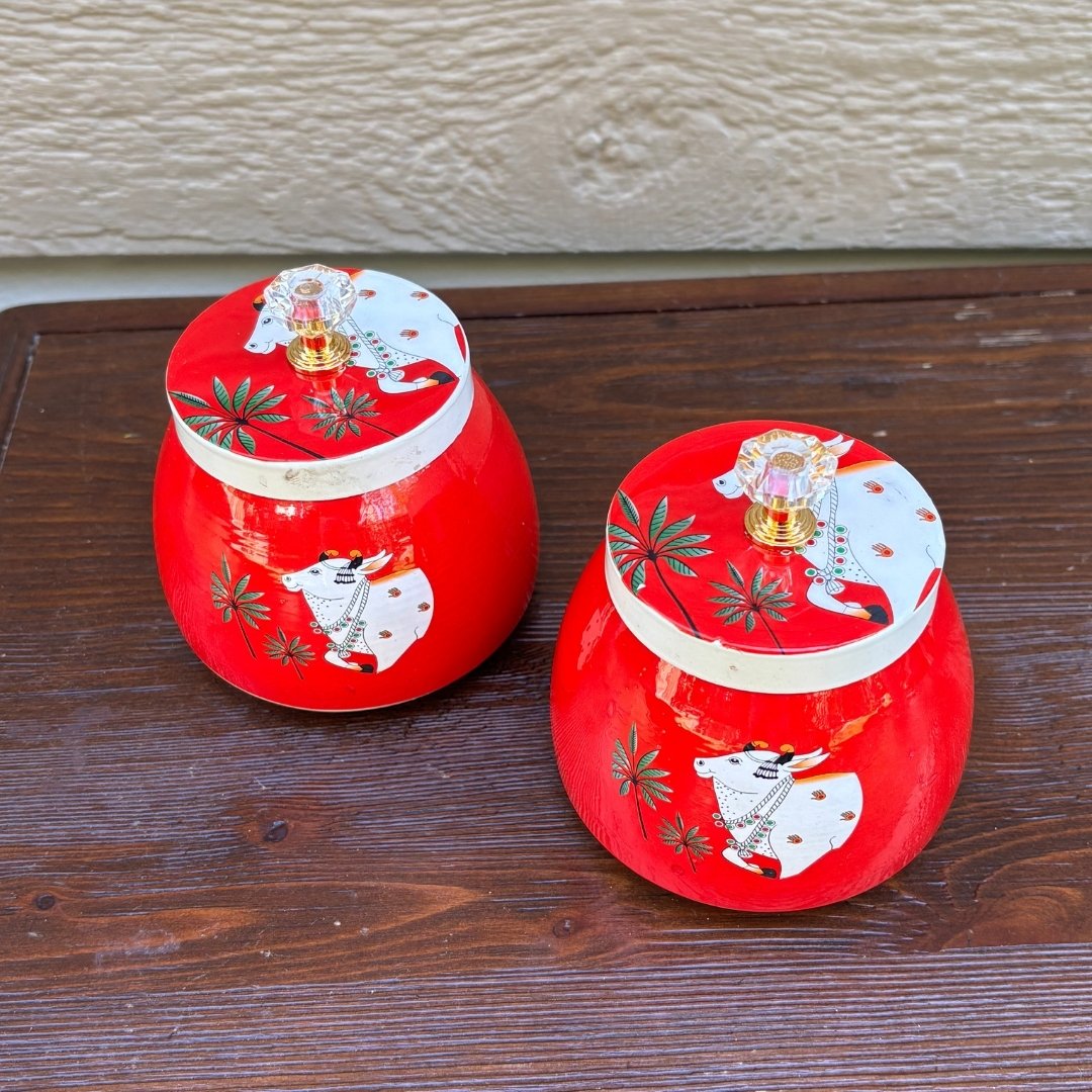 Pichwai Cow Jars - Set of 2 Round Lidded Metal Jars, 4-Inch