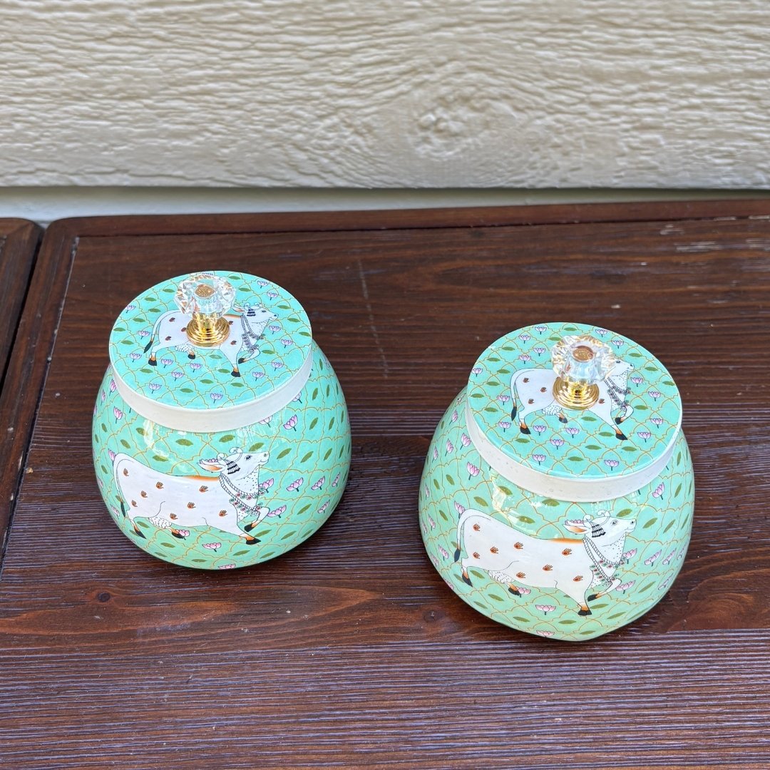 Pichwai Cow Jars - Set of 2 Round Lidded Metal Jars, 4-Inch
