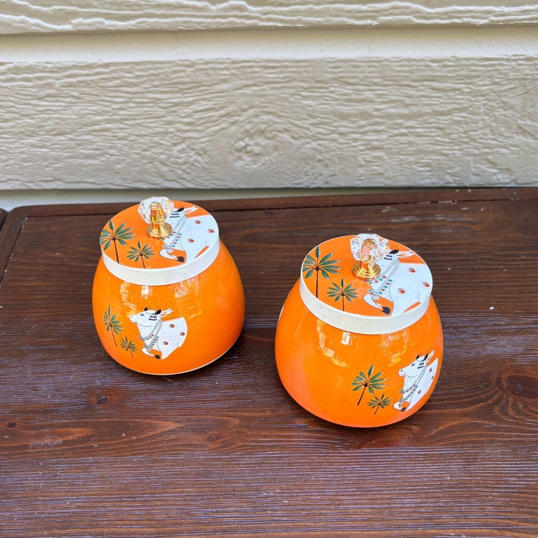 Pichwai Cow Jars - Set of 2 Round Lidded Metal Jars, 4-Inch