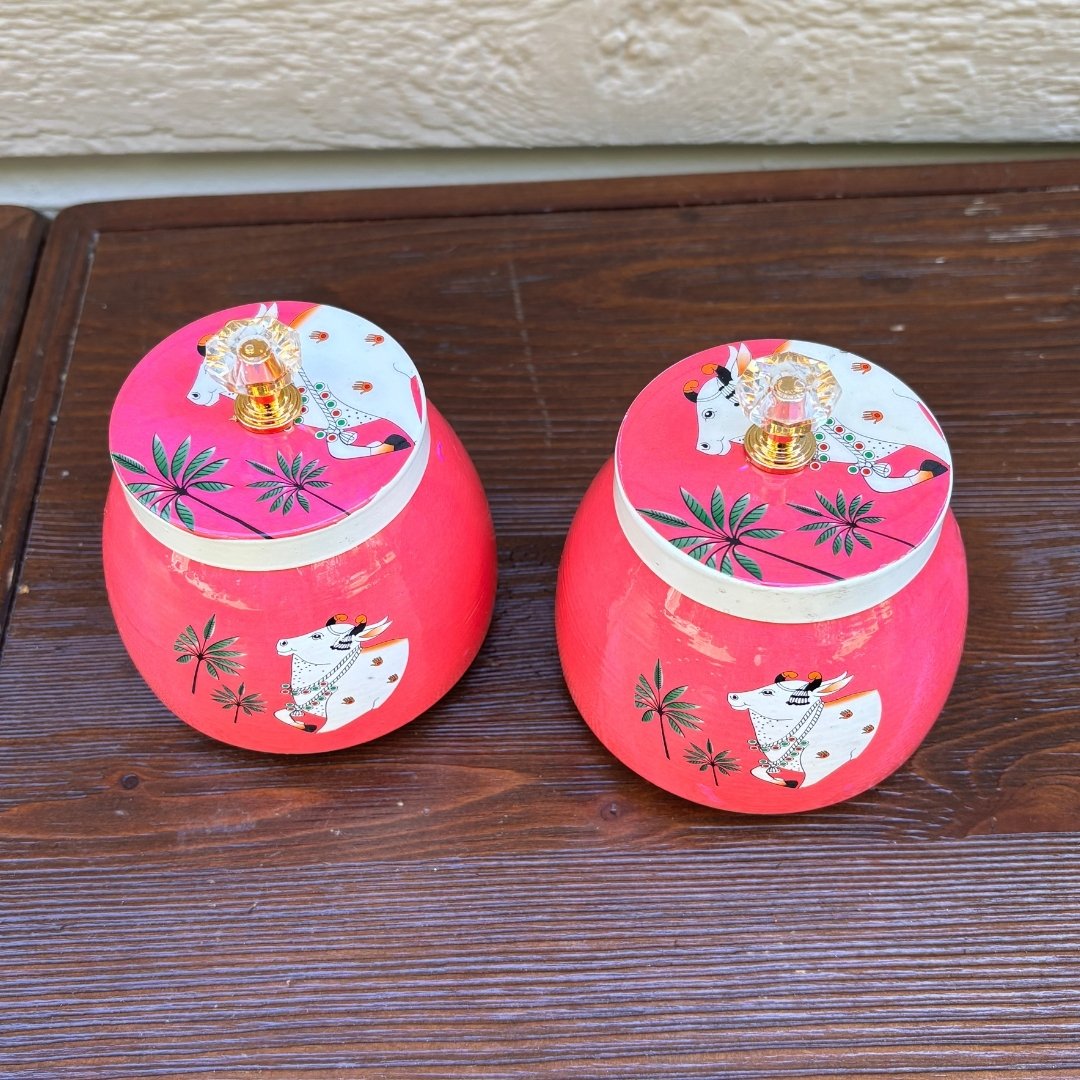 Pichwai Cow Jars - Set of 2 Round Lidded Metal Jars, 4-Inch