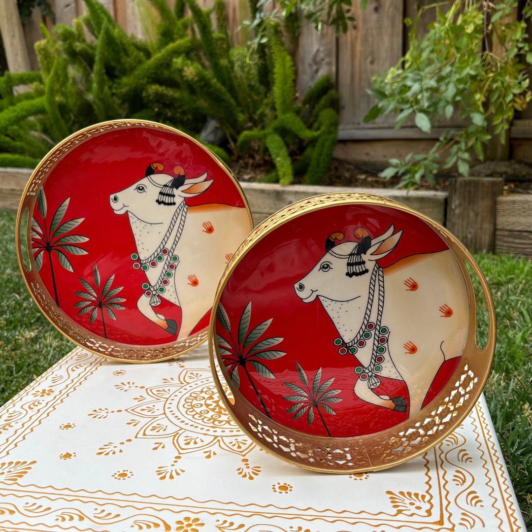 Pichwai Cow Metal Trays - 8 Inches, 10 Inches, or Set of 2